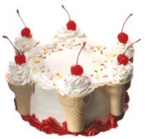 A round cake is adorned with ice cream cones topped with whipped cream and cherries. Colorful sprinkles decorate the cake's surface, while red icing flowers encircle the base.
